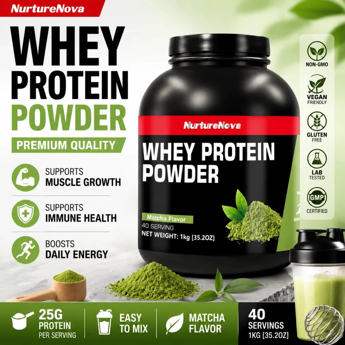 NurtureNova Whey Protein Powder 40 Servings Protein Drink Mix for Adults Chocolate Matcha Strawberry Flavor Daily Nutrition