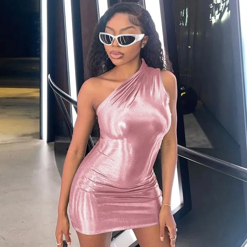 Sexy One Shoulder Bodycon Dresses For Women Solid Irregular Skinny Mini Y2K Metallic Gilding Short Mini Dress — image 7