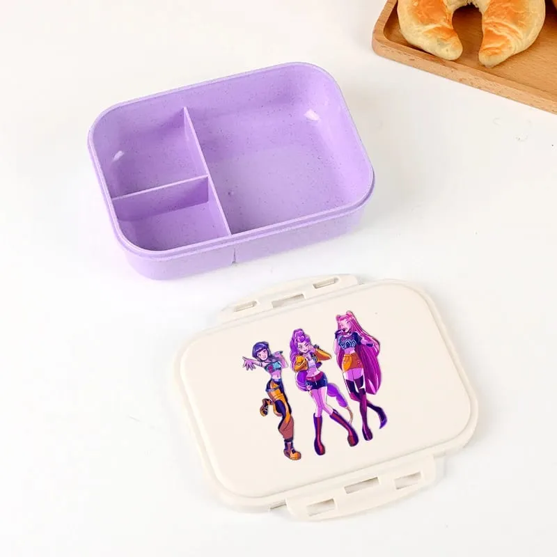 Demon Hunters Lunch Box for Boy Girl Cute Mira Zoey Jinu Portable Plastic Bento Box with Dinnerware Food Fruit Container