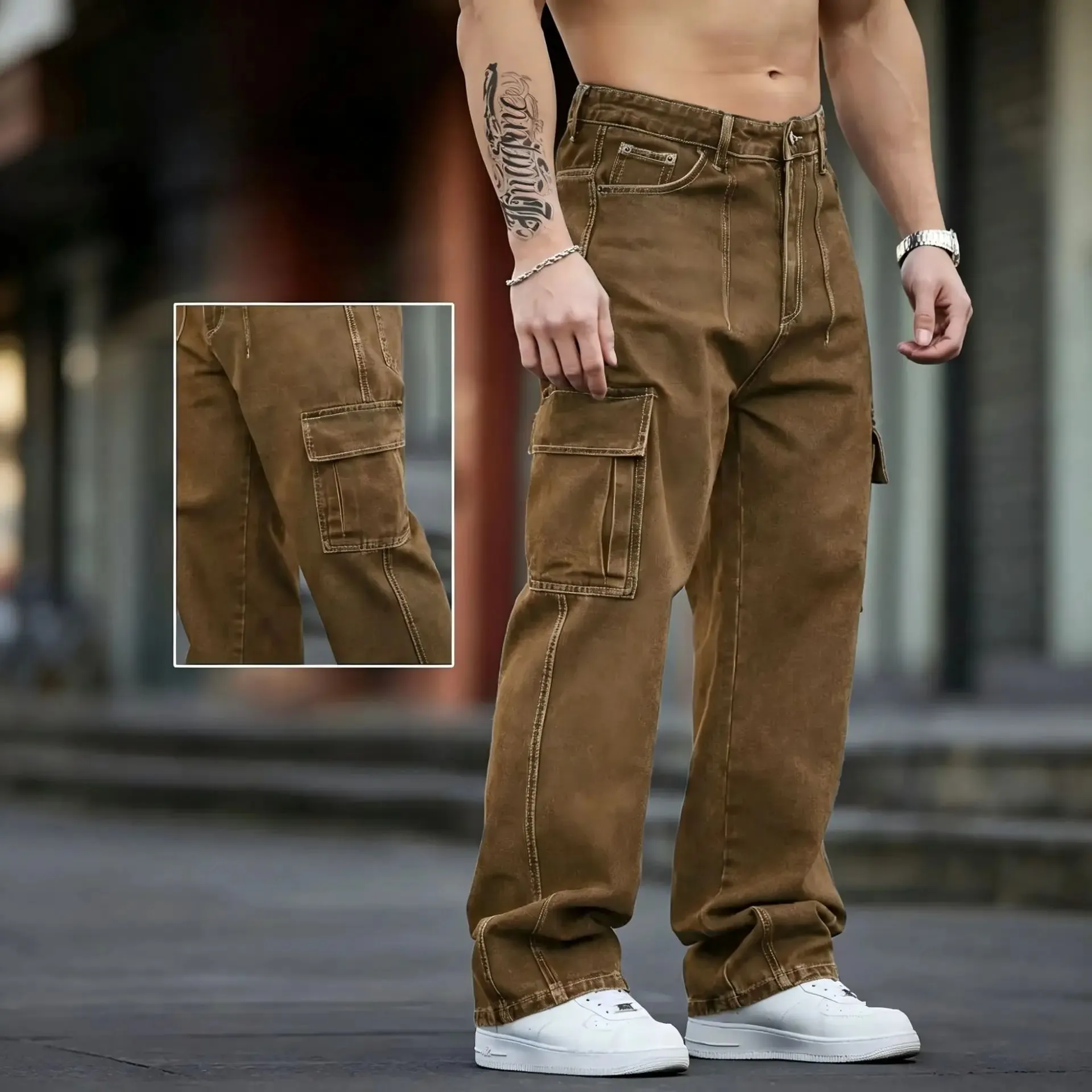 2026 New Arrival Men Cargo Jeans Multi‑Pocket Loose Wide Leg Straight Denim Pants HipHop Street Workwear Trousers