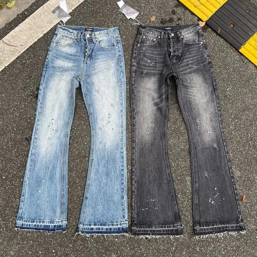 Heavy water Washed Retro Blue Ink Splatter Micro Flare Denim Pants Mens and Womens Straight Baggy Jeans Trousers Boot Cut