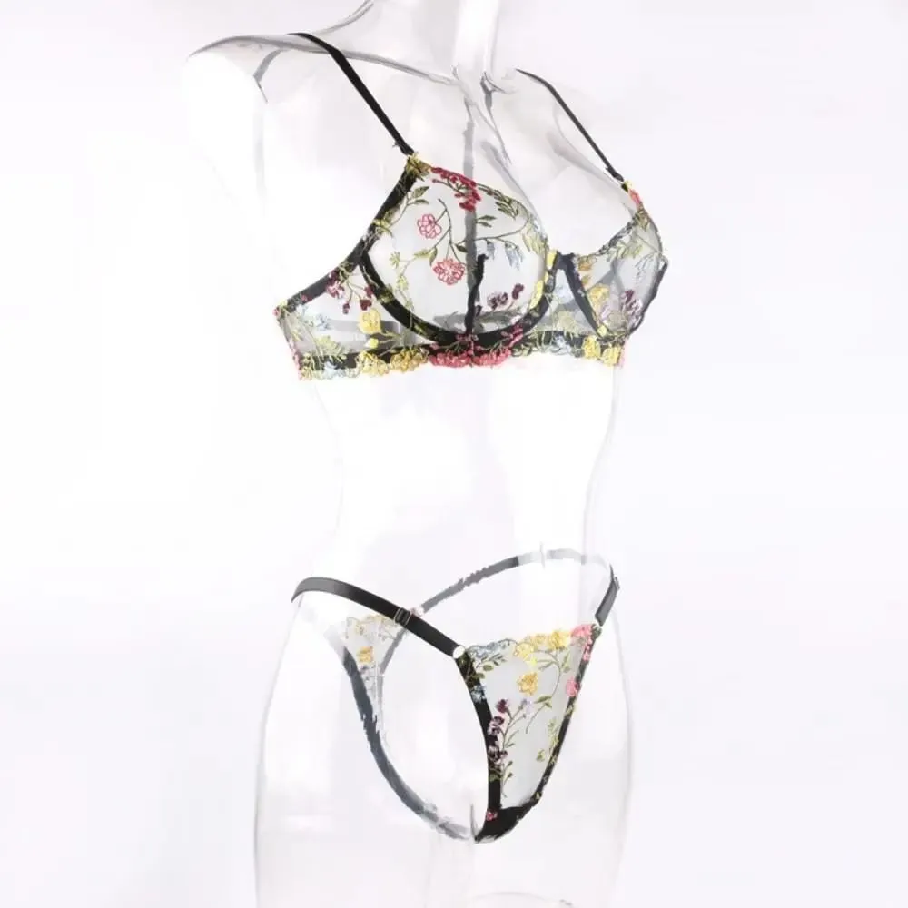 2-Piece Versatile Floral Lingerie Set Embroidery Sheer Boho Bra Panty Set Wireless Bra