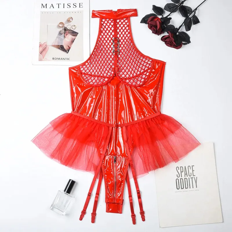 Yimunancy PU Leather Backless Bodysuit Women 2-Piece Transparent Halter Mesn Bodysuit Ball Gown Body Femme