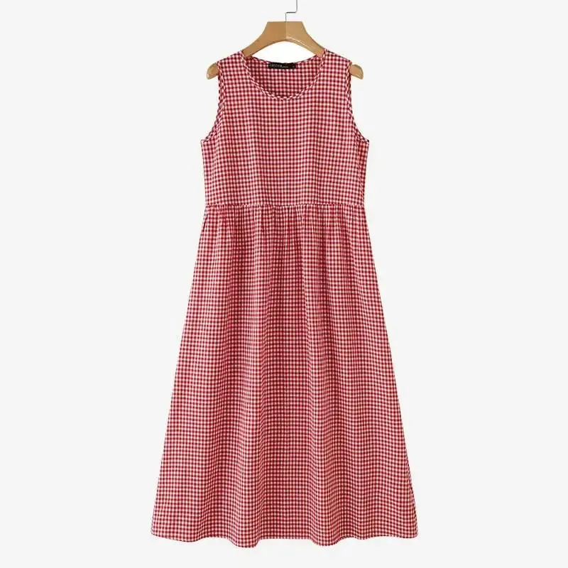 Summer Plaid Checked Sundress Sleeveless Bohemain Holiday Dresses Women Elegant O Neck Dress Casual Baggy Work Vestidos