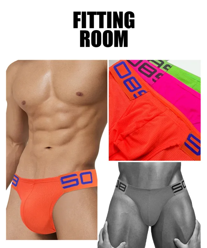 Herren-Slip aus Nylon-Mischgewebe, atmungsaktiv, Horn, Spleiß, Buchstabenprägung, breiter elastischer Bund, fluoreszierende Farbe, sexy Unterwäsche