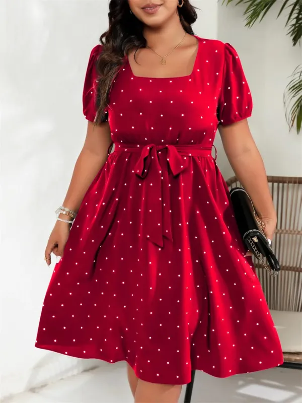 Plus Size Square Neck Polka Dot Bæltekjole Dame Elegant Retro Pufærmer Højtalje Sommer A-line Big Swing Kjoler