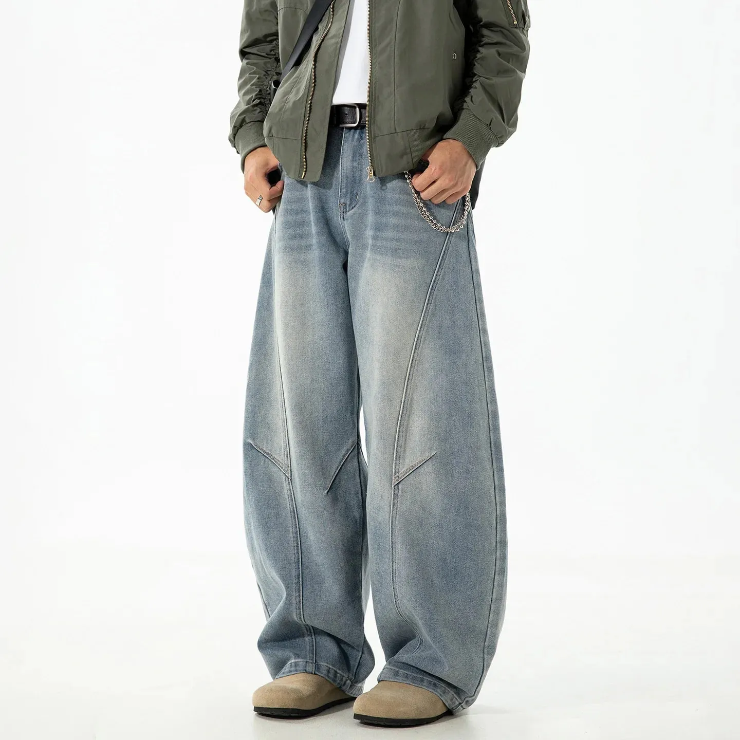 Autumn Retro Structured Split Washed Distressed Curved Jeans with Men's Silhouette Loose Straight Leg Pants Trendy Street Style