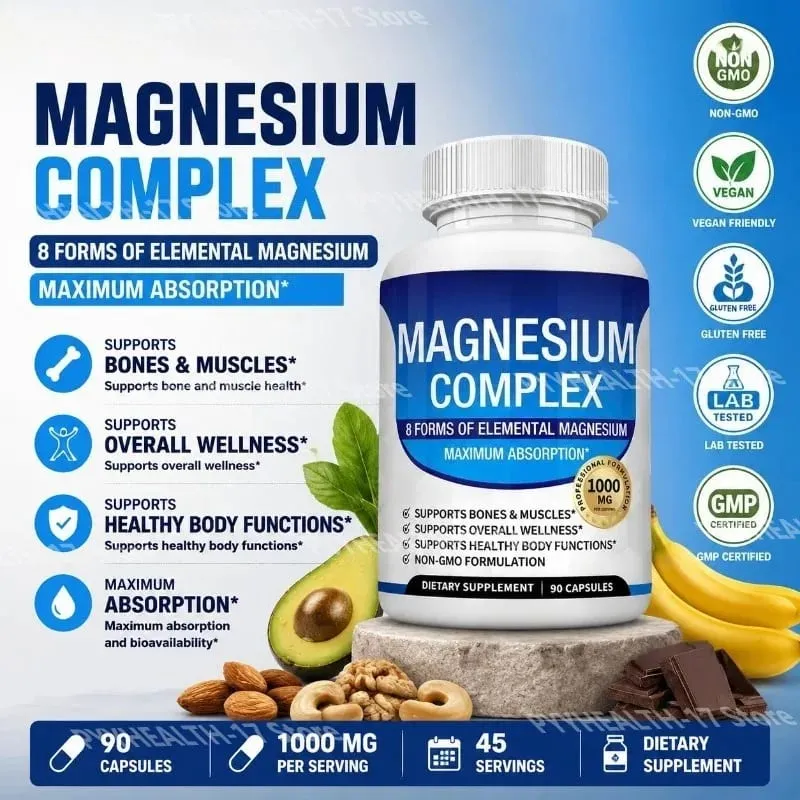 Nutrition Magnesium Complex Capsules 8-Form Elemental Magnesium Supports Healthy Body Functions 1000 Mg 90 Capsules
