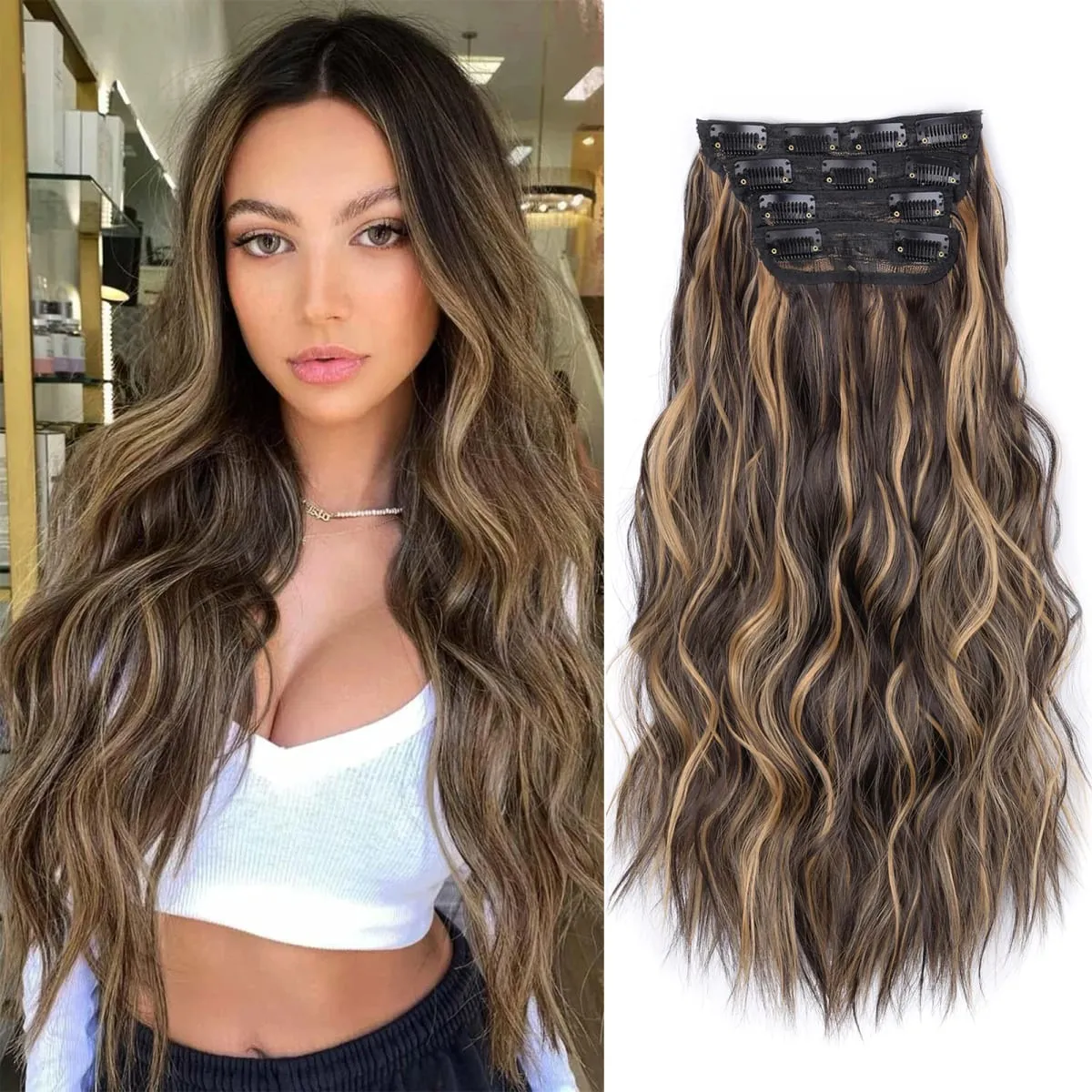 linwan Clip In Hair Extensions 4 PCS Full Head 20 Inch Long Curly Wavy Synthetic Hair Pieces Natural Wavy For Women Girls Hair