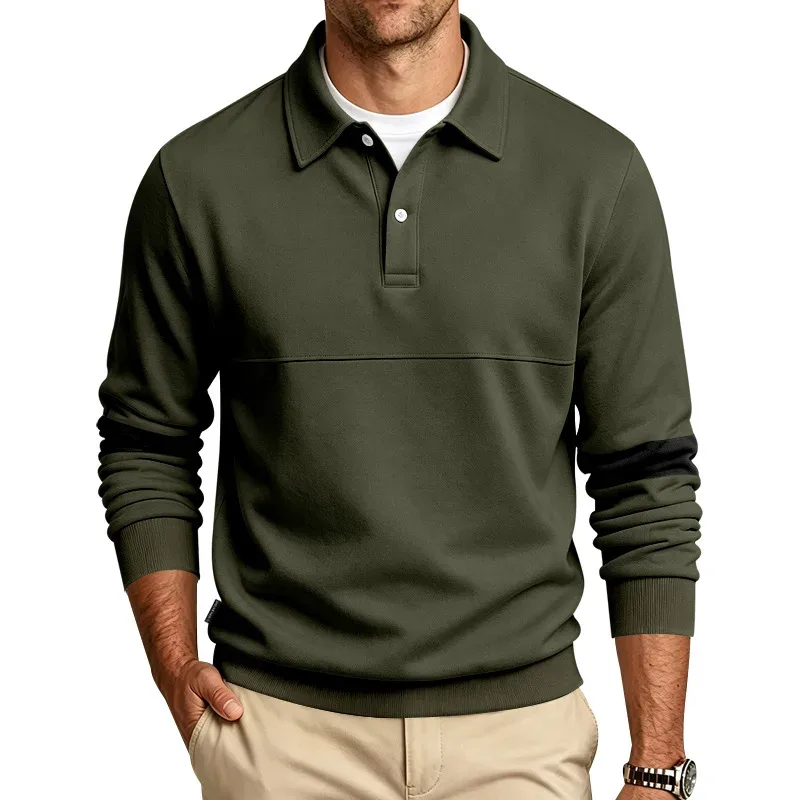 Men Lapel Polo Sweatshirt, Color Block Long Sleeve Pullover, Loose Solid Casual Top for Spring Autumn Daily Outfit