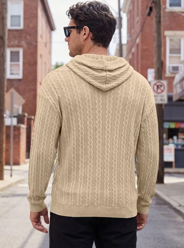Men Thin Cable Knit Hooded Sweatshirt Drawstring Hood Kangaroo Pocket Long Sleeve Loose Casual Pullover Autumn Daily Street Tops