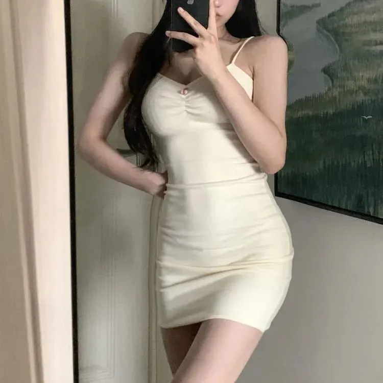 Women's Suspender Dress Sleeveless Low Cut Spring Summer Solid Color Dress Ruffled Hip Wrap Bodycon Dress Party Nightclub Dress