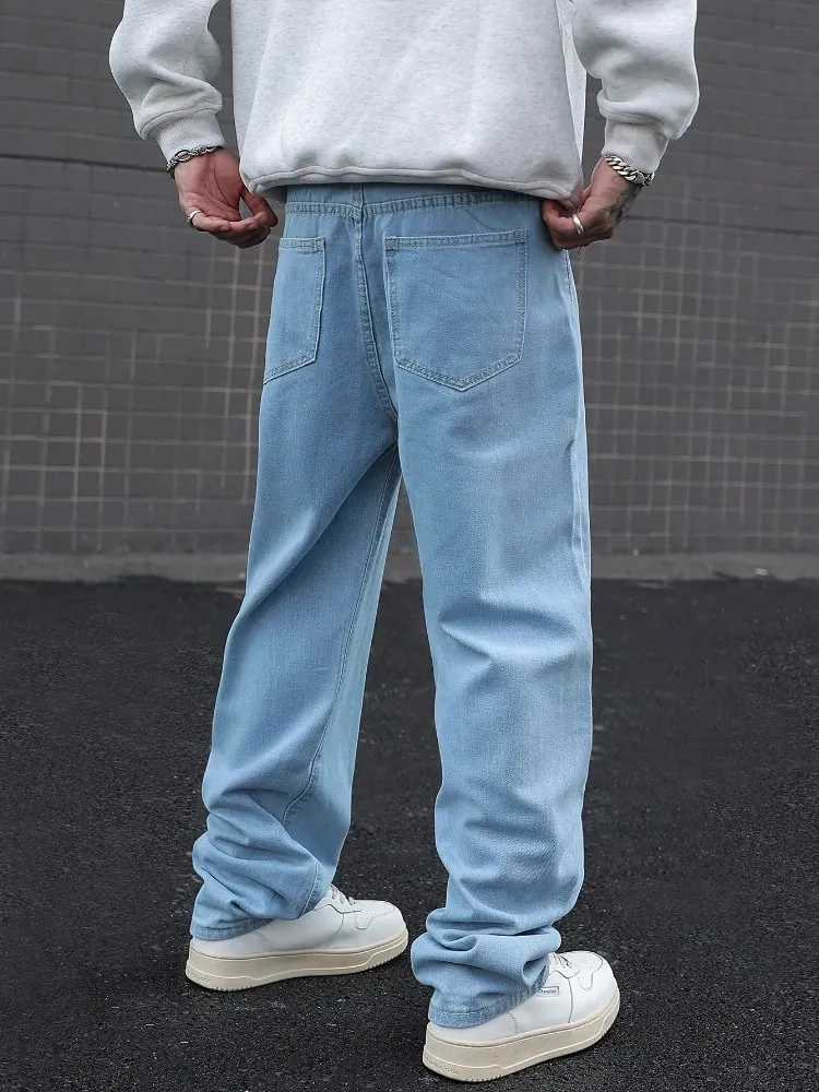 New Men's Cotton Baggy Y2K Jeans Fashion Male Clothes Elastic Waist Washed Wide Leg Pants Solid Straight Loose Denim Trousers