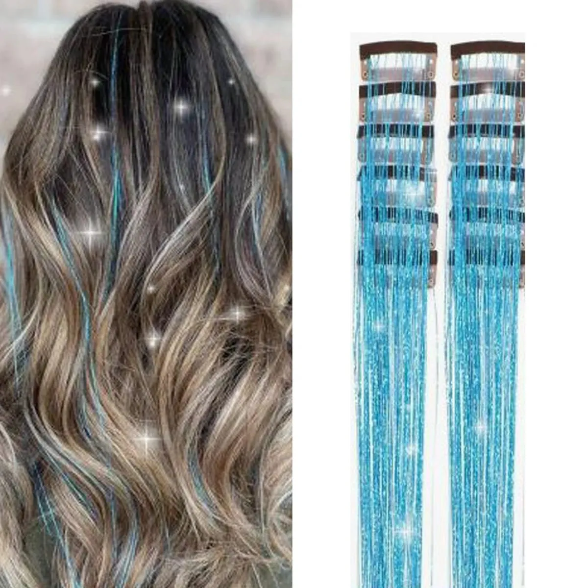 12Pcs/Pack Sparkle Blonde Hair Extensions Clip In Rainbow Shiny Sparkle Hair Tinsel Heat Resistant Sparkle Hair Extensions For W