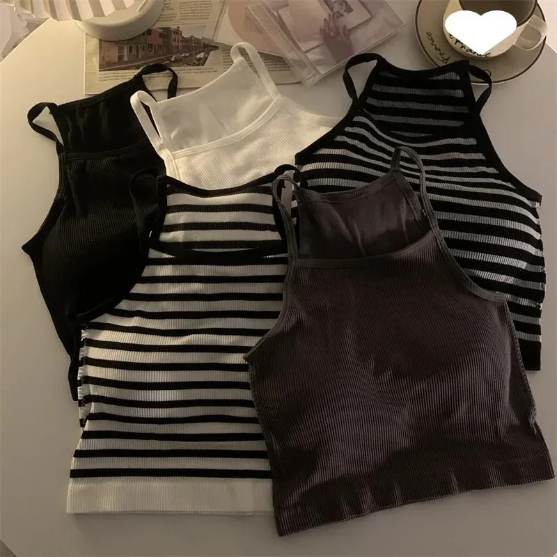 Korean Version Women Tank Tops Thread Solid Casual Fashion Crop Top with Chest Pad Stripe Sleeveless Outer Wear Basic Camisole