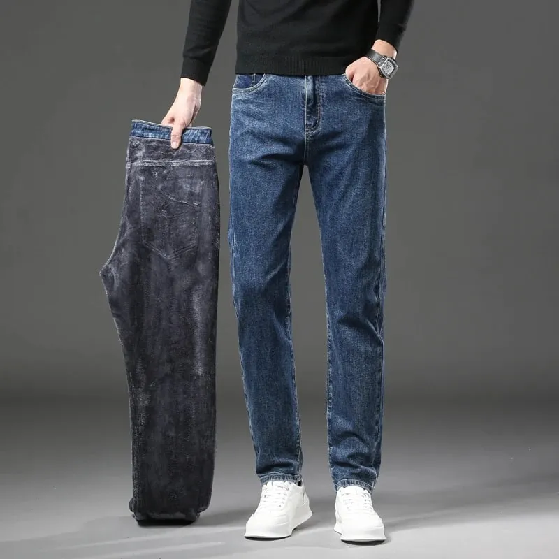 2027 New In Slim Straight Elastic Denim Winter Fleece Thick Warm Jeans Men's Pants Casual Male Clothing Fashion Plush Trousers