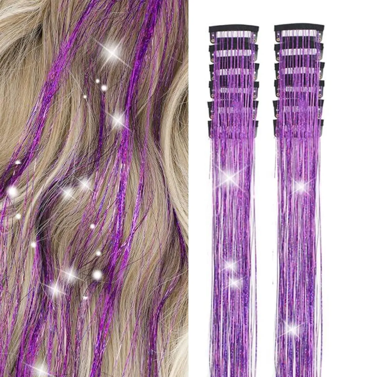 12Pcs/Pack Sparkle Blonde Hair Extensions Clip In Rainbow Shiny Sparkle Hair Tinsel Heat Resistant Sparkle Hair Extensions For W
