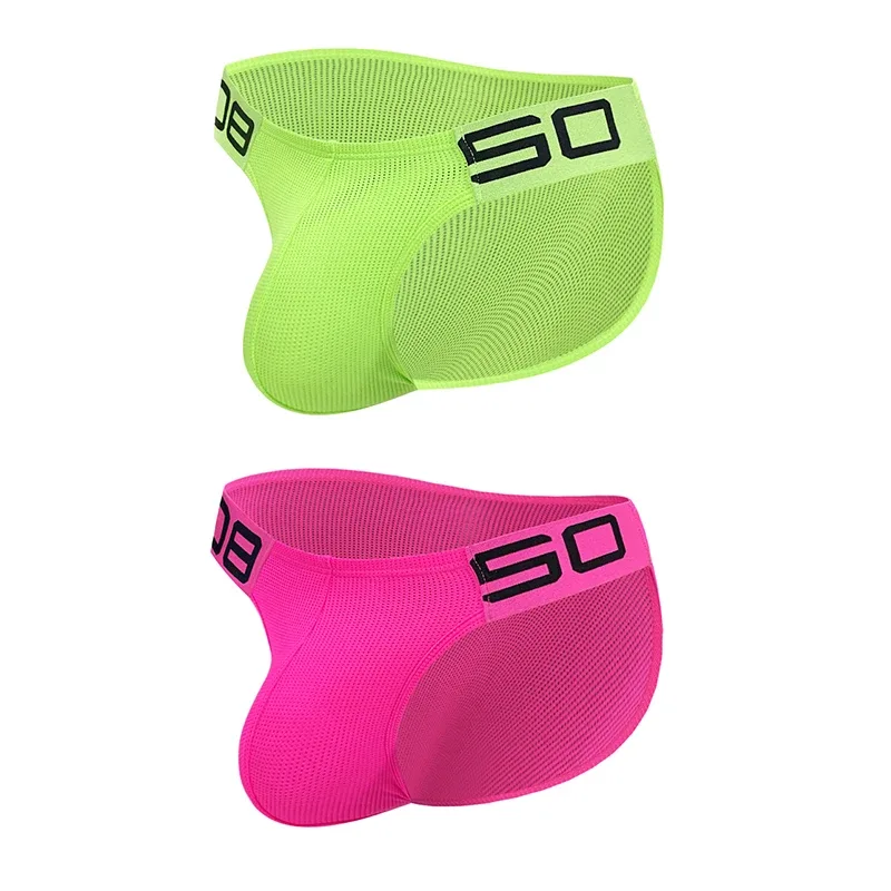Herren-Slip aus Nylon-Mischgewebe, atmungsaktiv, Horn, Spleiß, Buchstabenprägung, breiter elastischer Bund, fluoreszierende Farbe, sexy Unterwäsche