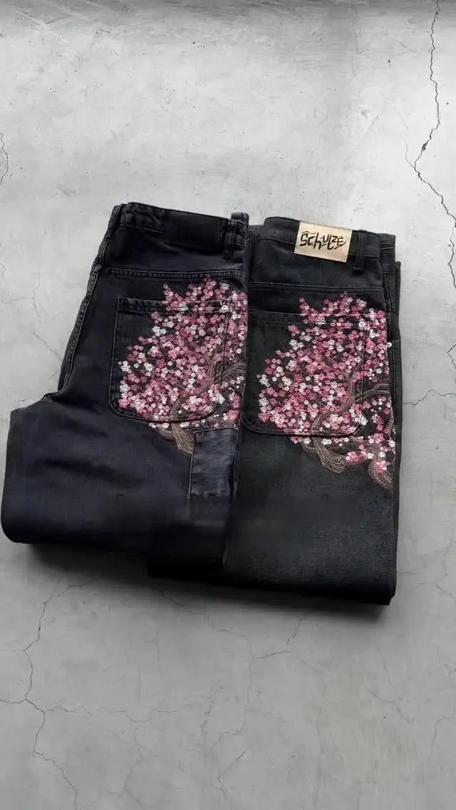 Harajuku Patchwork Cherry Blossom Embroidery Denim Pants Y2k Vintage Women Baggy Straight Wide Leg Jeans Street Men Clothes