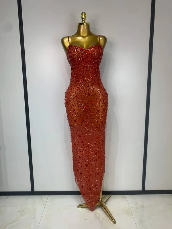 Luxury Rhinestones Sexy Mesh See Through Bodycon Dress Women Birthday Evening Cocktail party Gown Red Carpet Club Stage Outfit — image 11