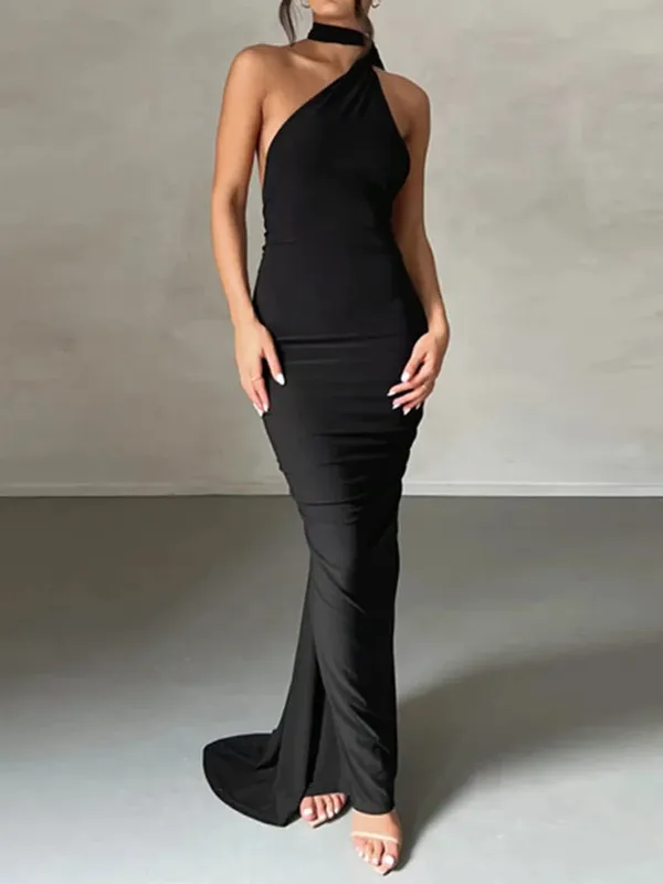 Neon Y2K Clothes One Shoulder Sleeveless Backless Ruched Bodycon Maxi Dresses For Women Club Birthday Party Evening Prom