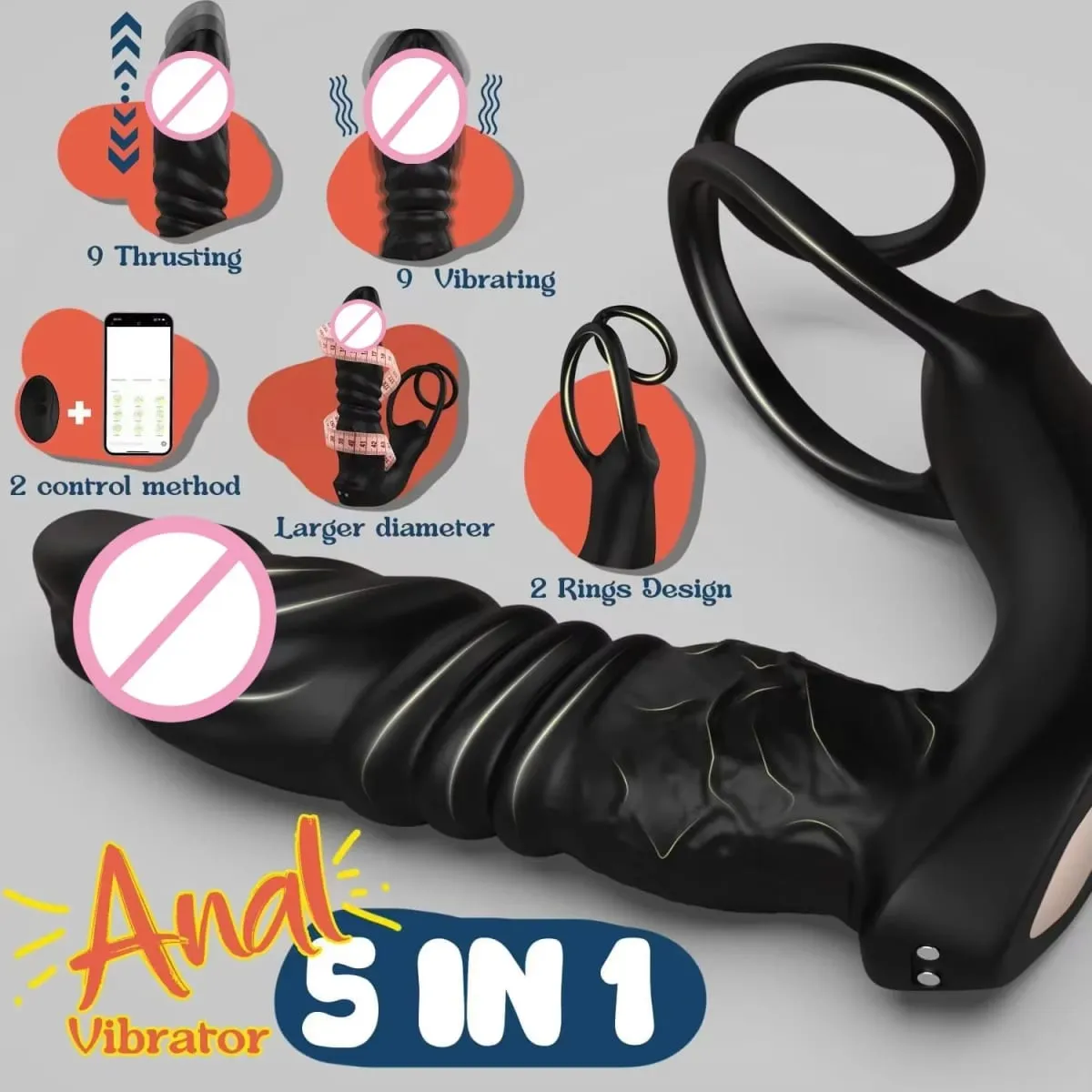 APP Telescopic Double Ring Thrust Vibrator Men's Prostate Massager 5 In 1 Vibrating Plug Dildo Vibrator Adult Sex Toy Men's