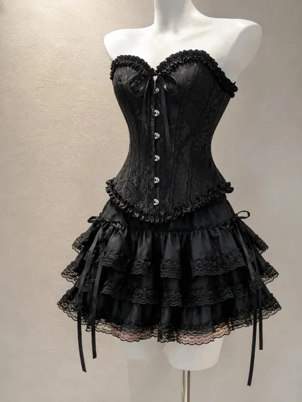 Japanese E-girl Gothic Vintage Dress Women Half High Neck Short Sleeve Bow Lace Mini Dress Cinch Waist Sweet Spicy Black Dress — image 10