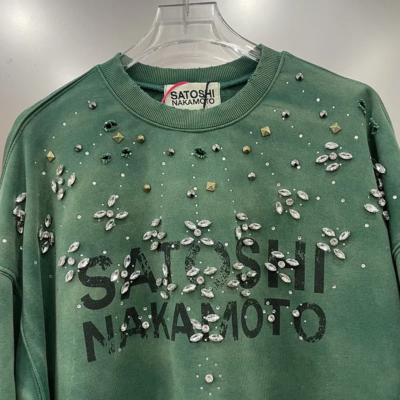 26FW Heavy Fabric Cotton Loose Rhinestone Rivet Satoshi Nakamoto Sweatshirts Men Women Vintage Charcoal Gray Green Pullovers