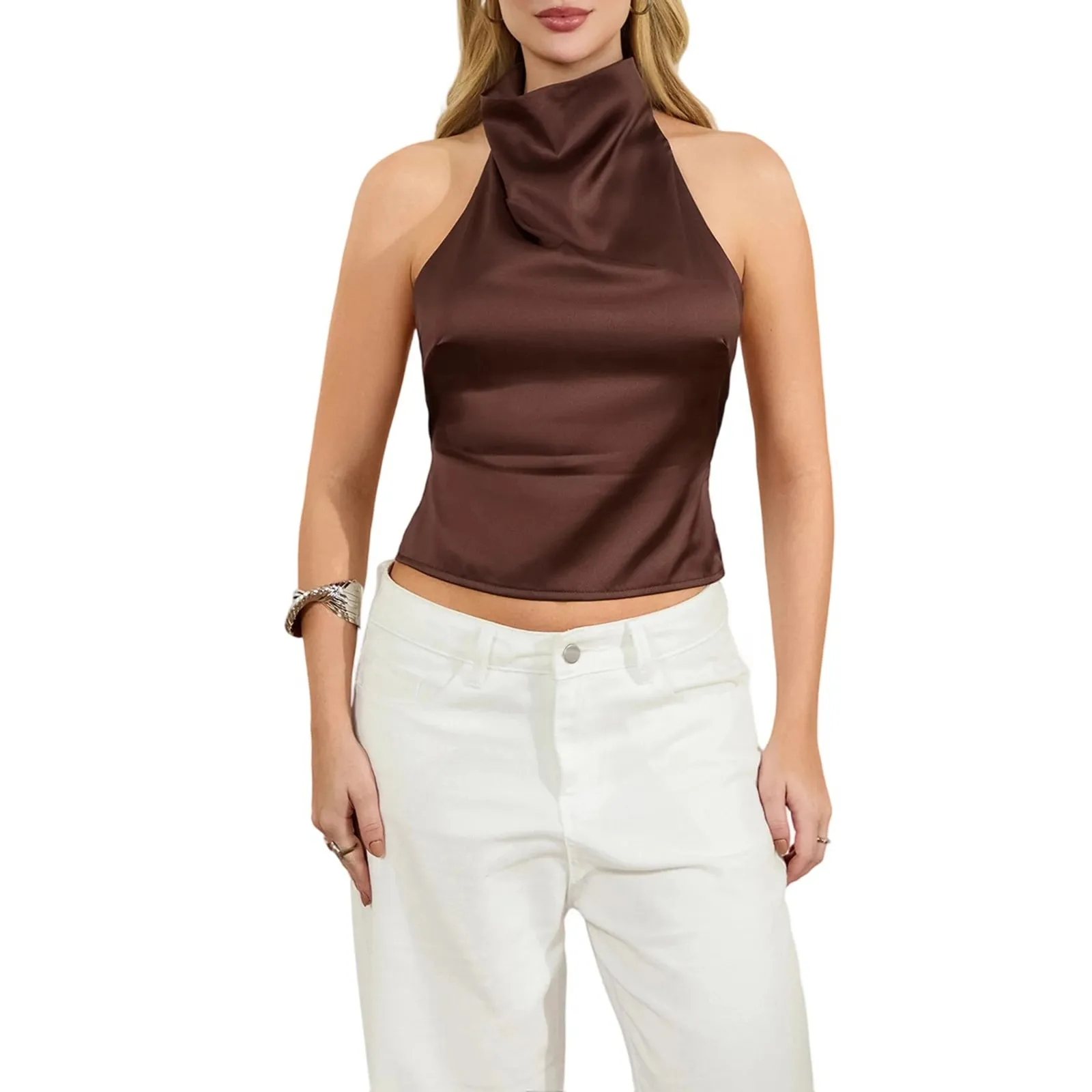 Open Back Halter Tops for Women Vintage Aesthetic Bow Tie Back Ruched Ruffle Crop Tops Smocked Y2K Going Out Tanks Camisoles — image 9