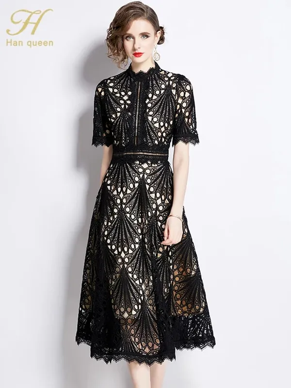 H Han Queen Spring New Elegant Casual Work Party Dresses Floral Crochet Hollow Out Lace Patchwork Casual Office Midi Dress