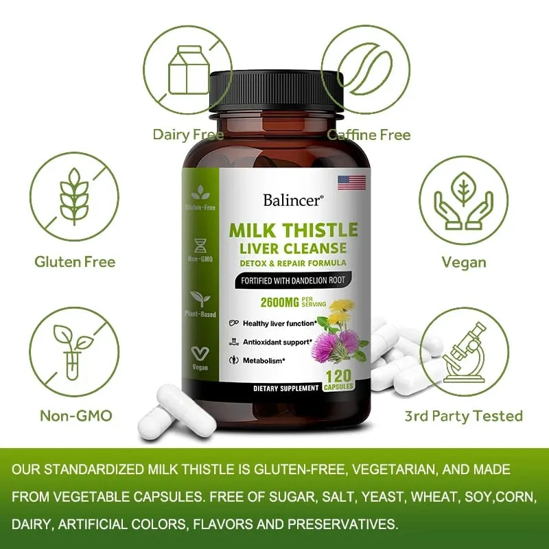Milk Thistle Extract Capsules with Dandelion for A Detox Cleansing Liver Support and Repair Formula Help Digestion Non-GMO