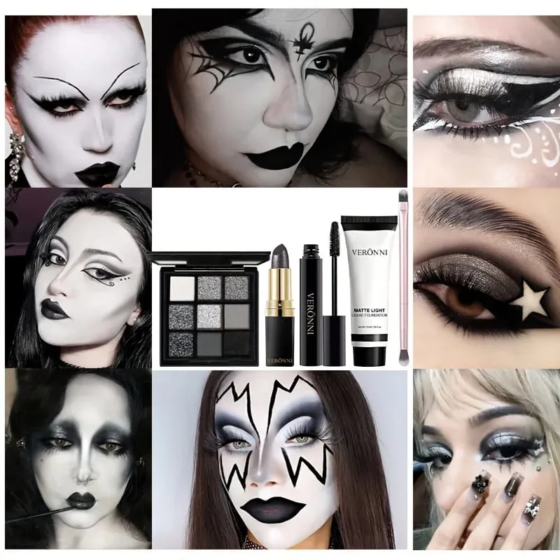 5pcs Halloween Dark Special Effects Makeup Set White Foundation Black Eyeshadow Black Lipstick Mascara & Makeup Brush for Party