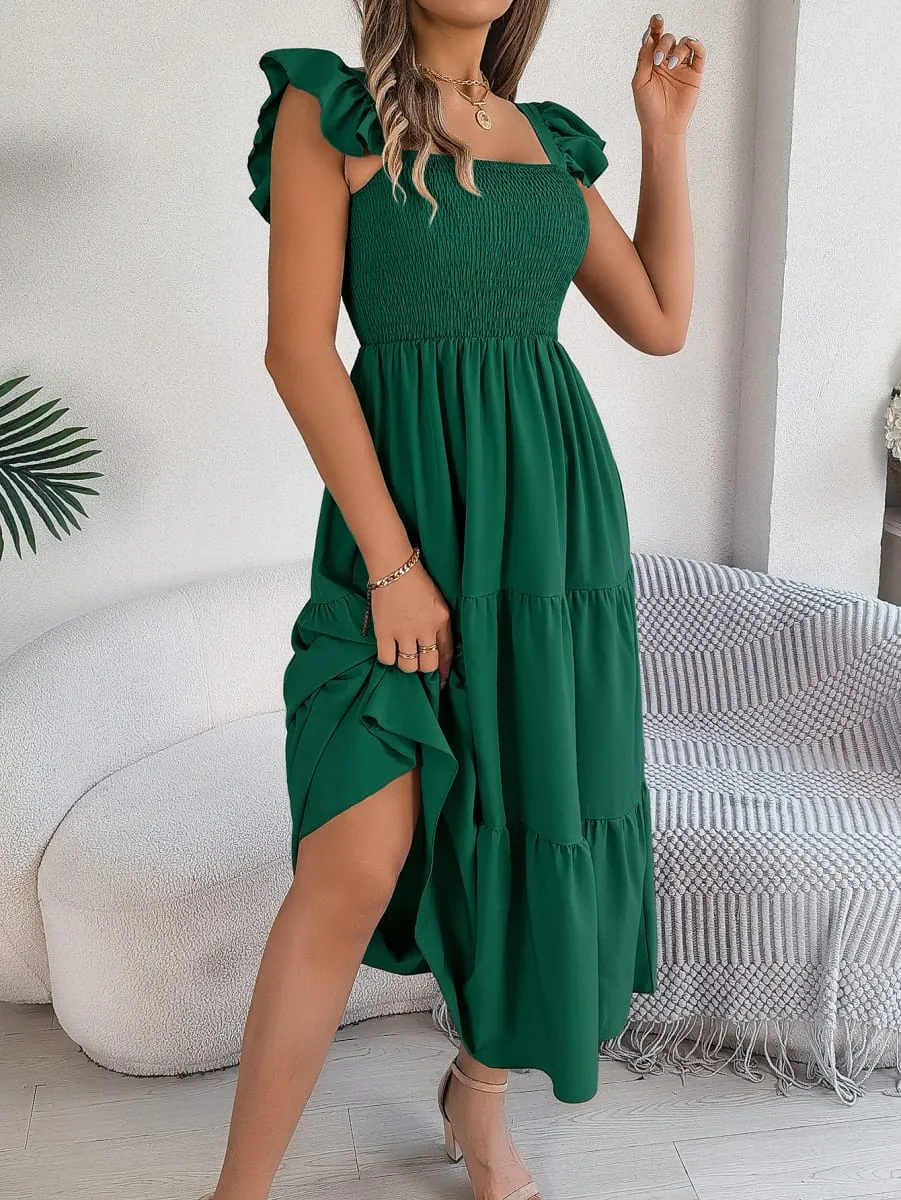 Msfilia vestido longo feminino liso sem mangas com gola quadrada evasê plissado para primavera e verão