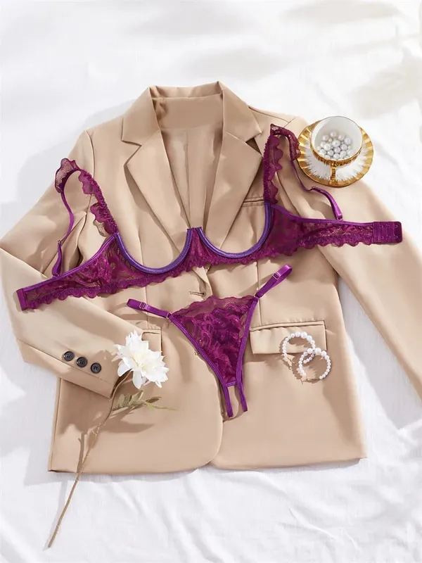 Women's Lingerie Ultra Sexy Open Bra Thong Sets Romantic Lace Underwear Hollow Ultra Thin Lingerie Set Intimate Erotic Lingerie