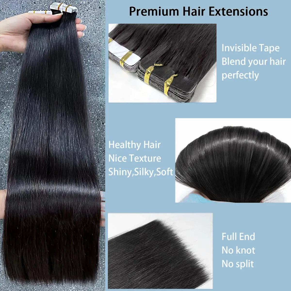 26 Inch Straight Tape In Hair Extensions Brazilian 100% Human Hair Natural Black Adhesive Invisible Glue Replaceable Seamless Tape Ins 20pcs/50g