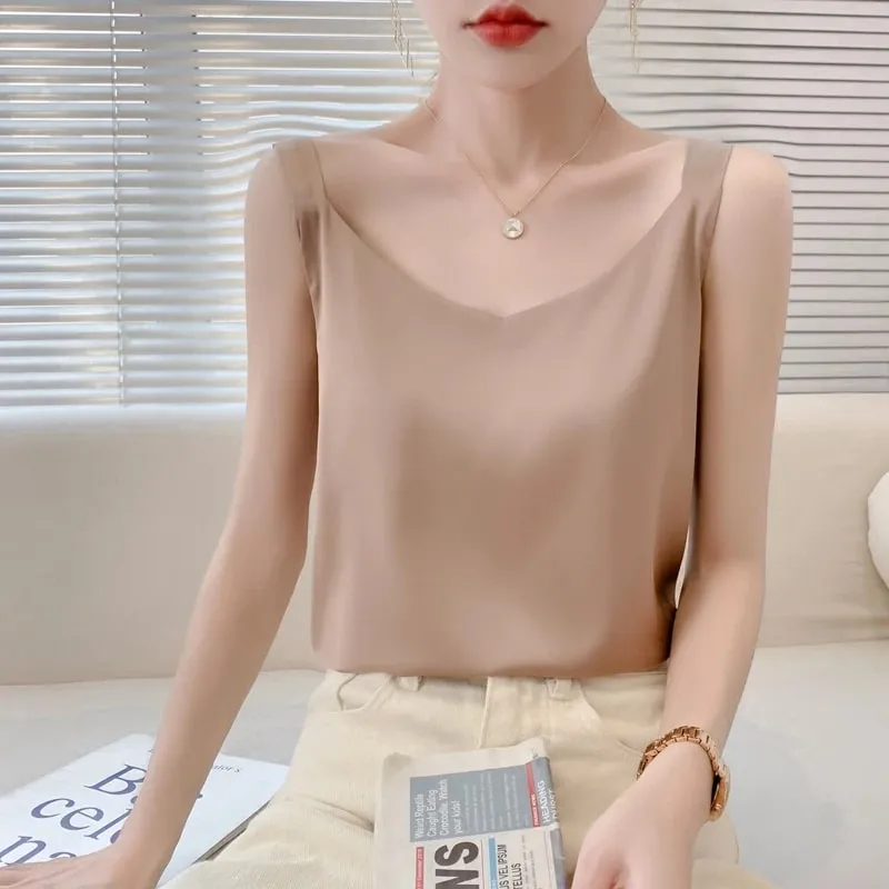 Silk Camisole Ladies Summer Suit Inside V-Neck Satin Bottoming Vest 2025 Thin Loose Sleeveless Sling Silk Tops Small Shirt Trend — image 5