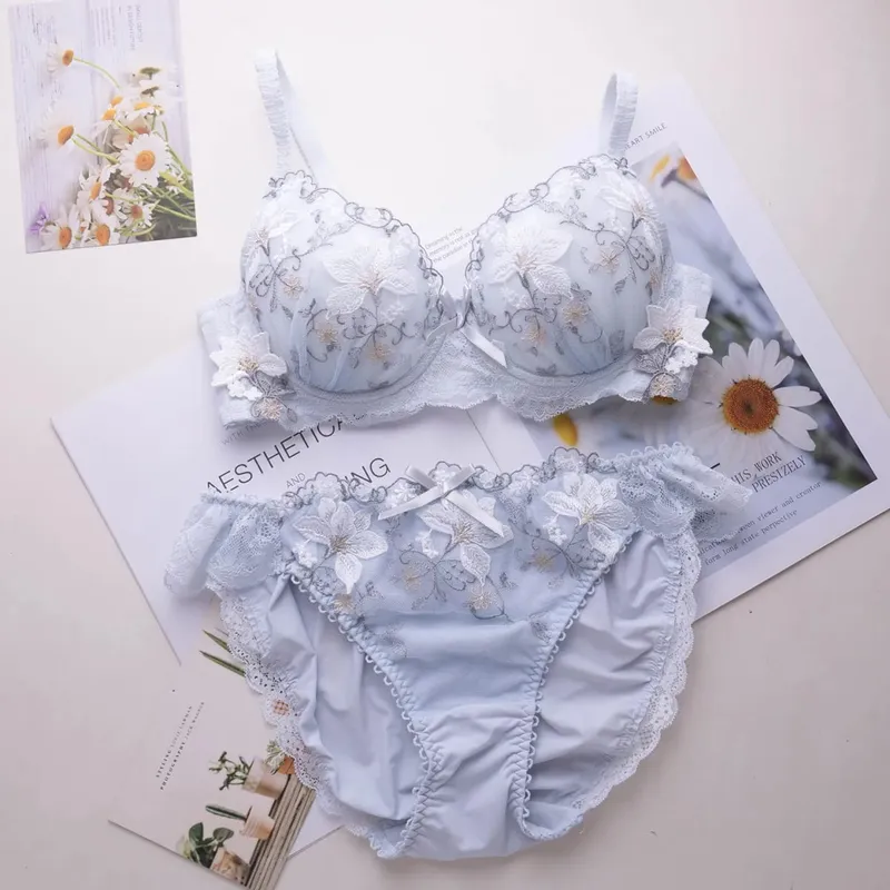 Conjunto de lingerie doce estilo japonês, conjunto de sutiã fino bordado com copo raso tipo 2