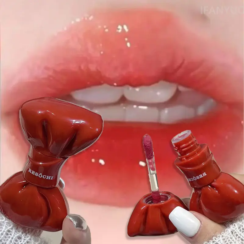 Bow Tube Jelly Mirror Lip Gloss Tomato Red Moisturizing Lip Tint Watery Glass Glossy Waterproof Lip Glaze Plump Lips Cosmetics