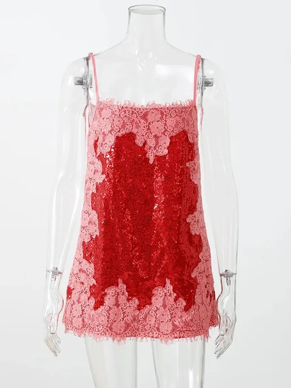Sexy Sequin Lace Trim Patchwork Short Dress Women V-neck Sleeveless High Waist Mini Sling Dresses 2026 Summer Vacation Lady Robe