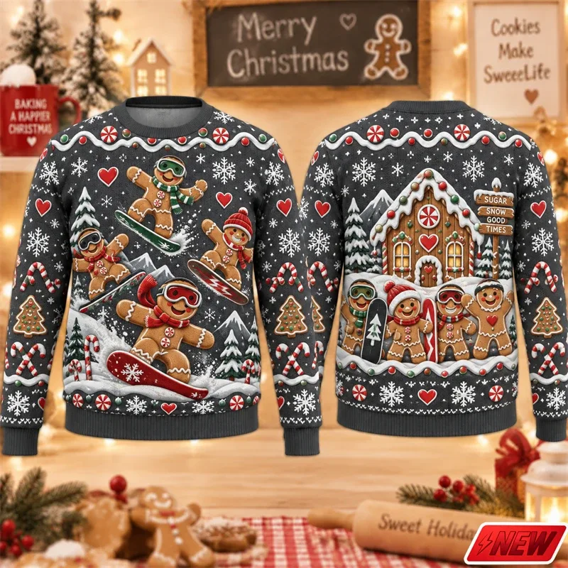 Christmas Ugly Sweater Men Holiday Gift Trendy 3D Print Funny Skateboarding Gingerbread Man House Pattern Pullover Unisex Hoodie