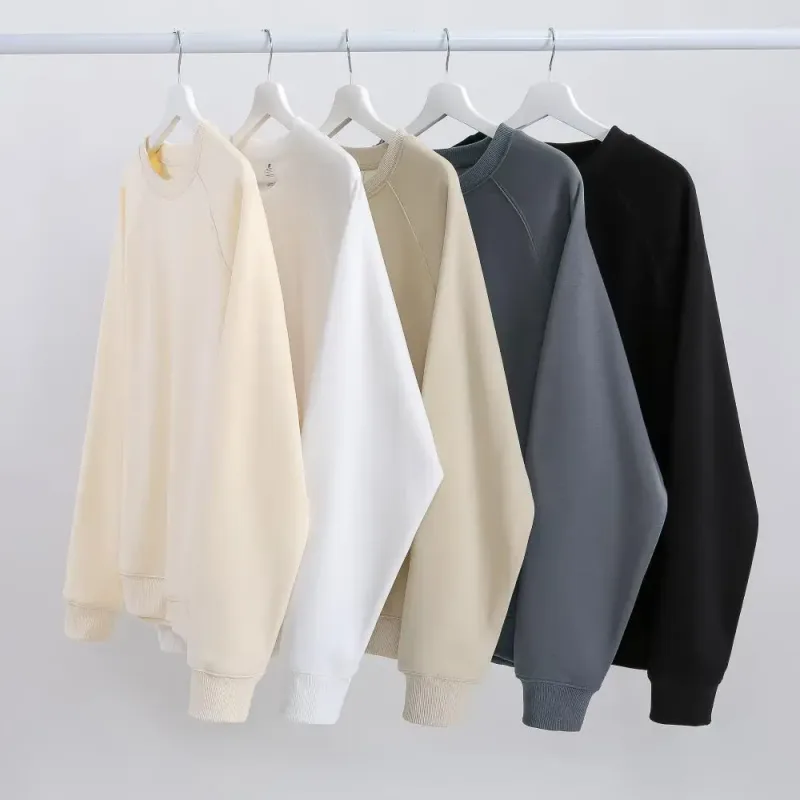 600g Men's 100% Cotton Oversized Sweatshirt for Winter Solid Beige Batwing Sleeve Heavyweight Fleece Crew Neck Thermal Hoodies — image 6