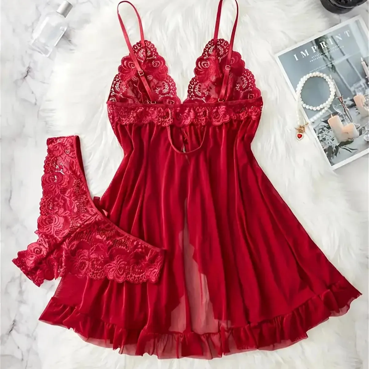 New Blue Contrast Lace Ruffle Trim Lingerie Set Deep V Dress And Thong Women's Sexy Sleepwear Underwear Hollow Bra Panty Sling