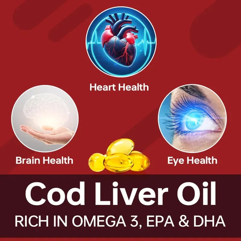 Cod Liver Oil Capsules Fish Oil Omega 3+ Vitamins A & D3 - Supports Heart Brain Vision & Joint Health