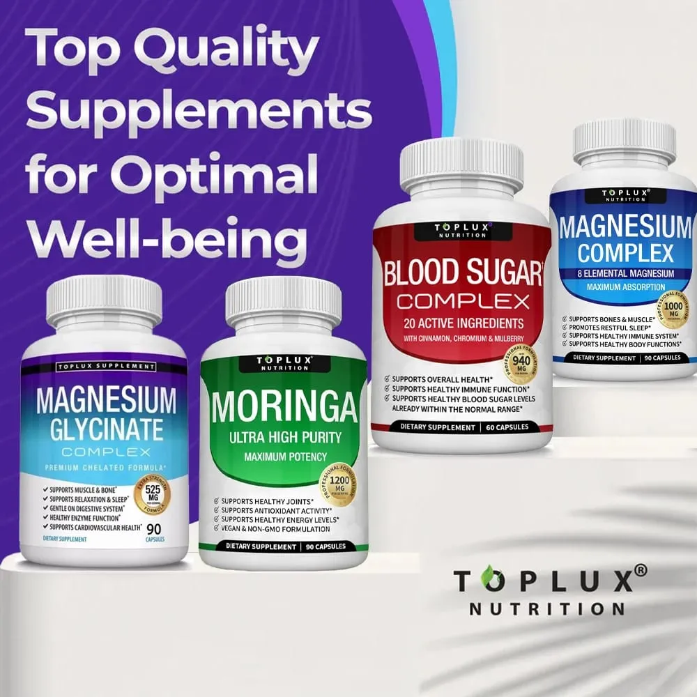 Premium Magnesium Complex Supplement 1000mg Magnesium Glysinate 525mg Blood Sugar Complex 940mg Moringa Capsules 1200mg Non-GMO