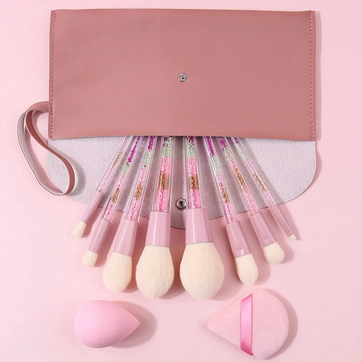 11PCS Pink Glitter Makeup Brush Set with Bag Crystal Handle Brushes Makeup Sponge Powder Puff Storage Bag Soft Hair Full Face
