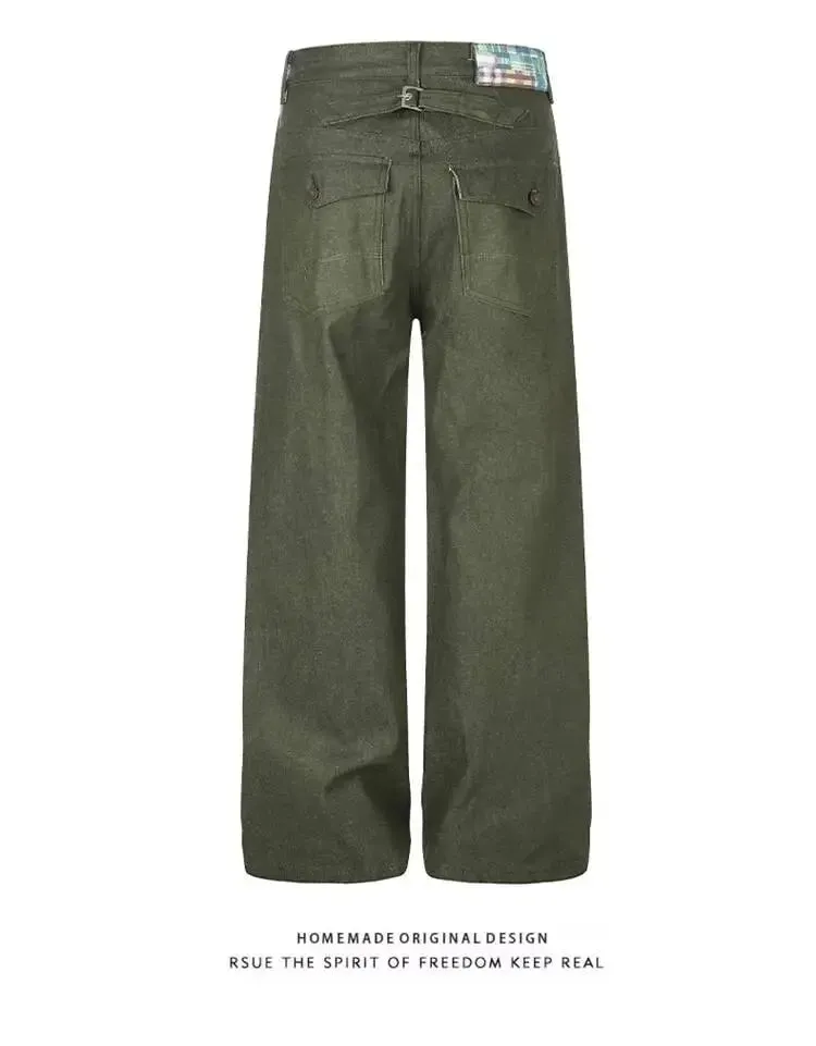 American Retro Style Army Green Wide Leg Jeans For Men Women Loose Versatile Casual Floor Length Denim Long Pants 9X4198 — image 6