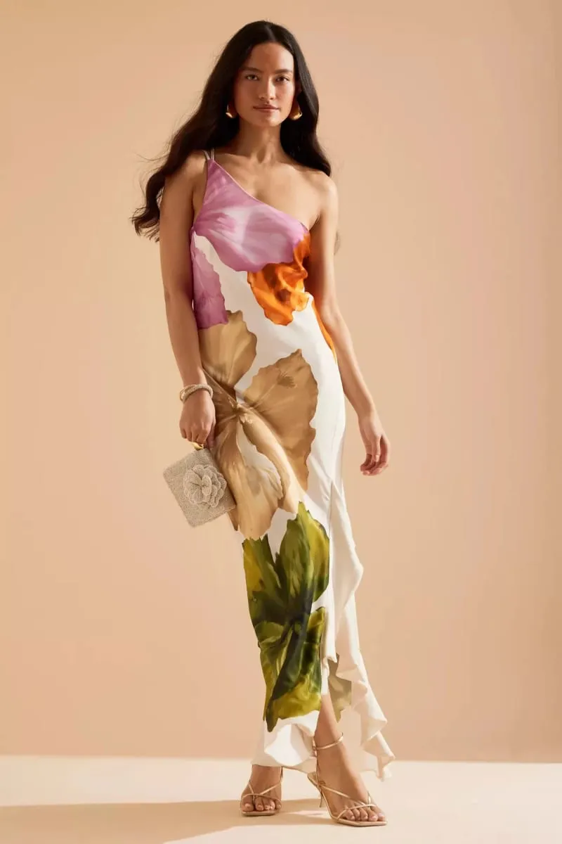 Fashion Women Printed Curling Edge Long Dresses Irregular One Shoulder Open Fork Gown Women Summer 2025 Party Vestidos