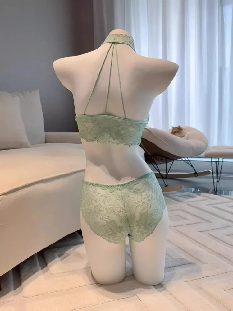 Mint Green Halter Neck Bra Set Wireless Lace Lingerie Adjustable Pads Heart-Shaped Back for Women Innerwear & Outerwear