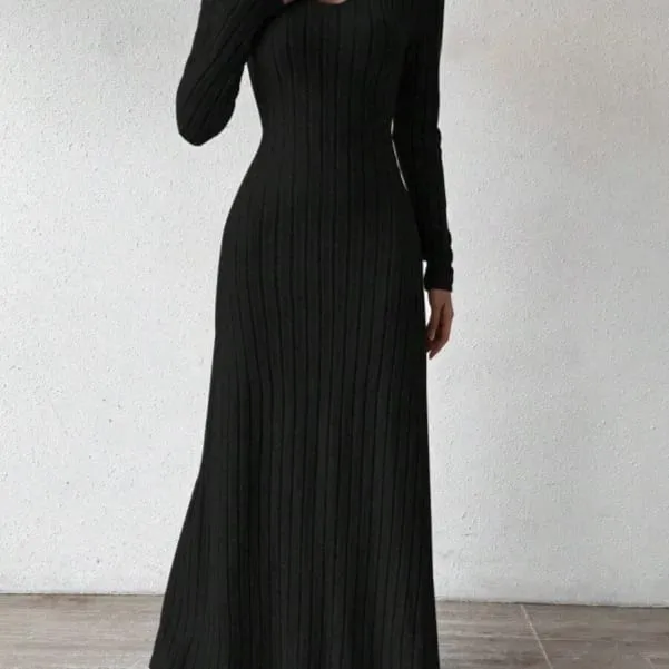 Fashionable Knitted Long Sleeve A-Line Dress Slim Fit Solid Color Street Style Women's Dress Comfortable Casual Elegant Commute