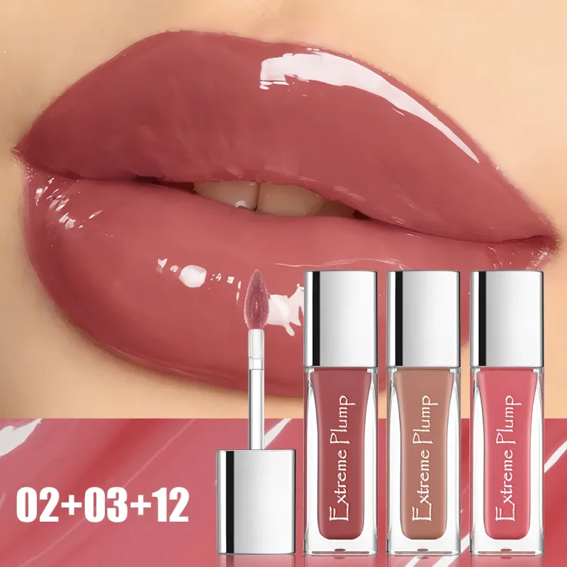3Pcs Extreme Plump Lip Gloss Set Mirror Glass Finish Long Lasting Hydrating Lip Glaze Non-sticky Waterproof Nude Liquid Lipstick